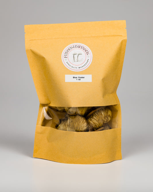 A package of dried Blue Oyster mushrooms in a clear windowed bag with a beige exterior.