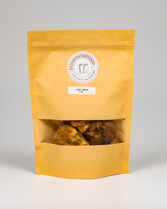 A sealed package of dried Lion's Mane mushrooms displayed against a neutral background.